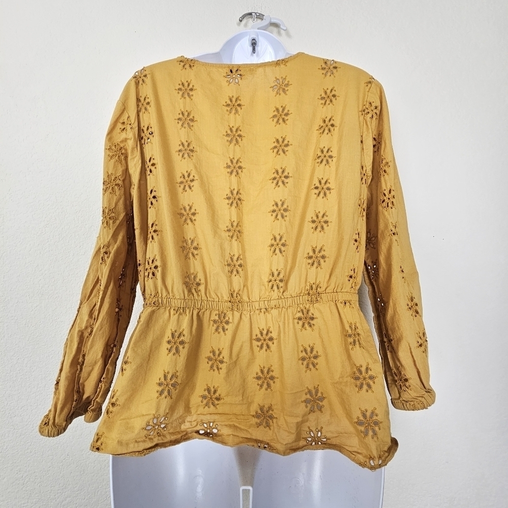 Madewell Scalloped Eyelet Wrap Blouse Mustard Yellow Boho Top - Picture 6 of 15